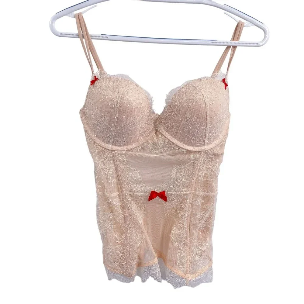 Victoria's‎ Secret blush pink lace sheer corset cami size 36C key hole back sexy